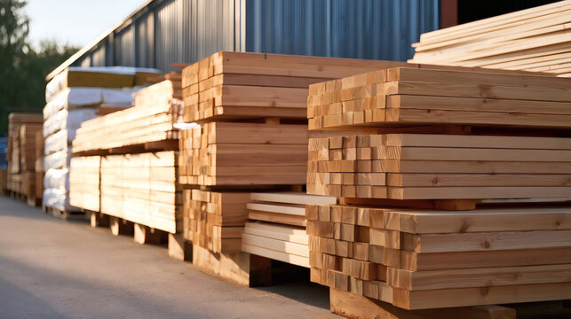 Stacks of wooden planks stored outdoors at a lumber yard, ready for construction and woodworking projects on a sunny day.