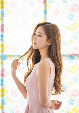 A cheerful Asian woman with long, flowing light brown hair and a bright smile poses in a light pink satin dress.