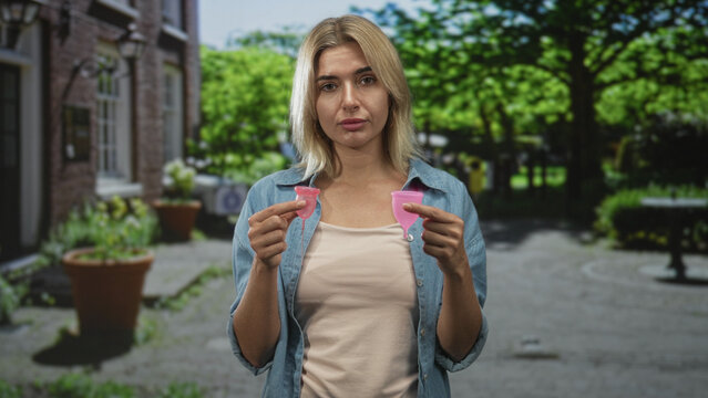 Young blonde woman holding two pink menstrual cups and comparing sizes on a street; practical choice confidence.