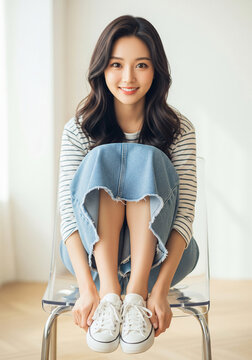 A cute Asian girl sits on a chair against a brown background, making a playful pout while wearing a striped shirt and a denim skirt.