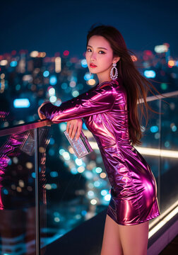 Asian woman in a figure-flattering pink dress stands on the rooftop of a tall building, admiring the city view at night.