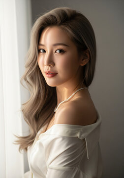 beautiful, young, Japanese woman wearing a white shirt, with shoulder-length hair in a side-parting hairstyle, posing for a photoshoot in front of a light grey background.