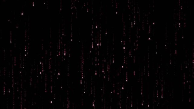 Glowing red alphanumeric characters cascading through columns on a black digital background