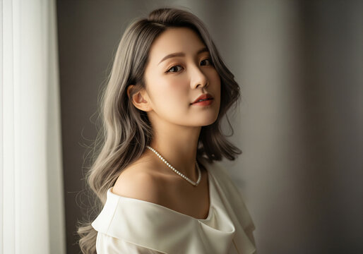 beautiful, young, Japanese woman wearing a white shirt, with shoulder-length hair in a side-parting hairstyle, posing for a photoshoot in front of a light grey background.