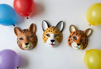 Naklejka premium Childrens party and celebration concept, three animal masks with colorful balloons on a white background for birthdays