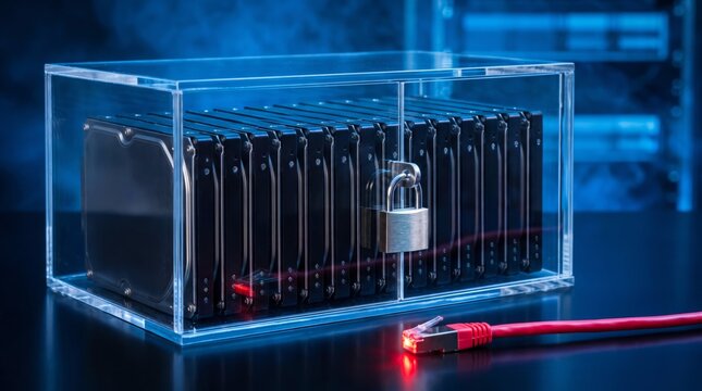 Multiple black hard disk drives sit inside a transparent locked acrylic storage box with a glowing red ethernet cable nearby