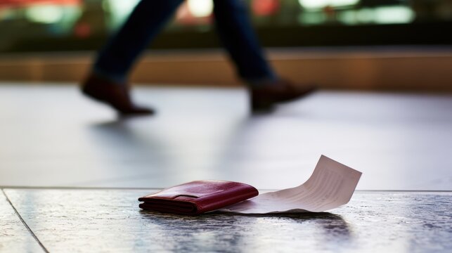 Wallet and receipt on the ground with a person walking nearby in a shopping area