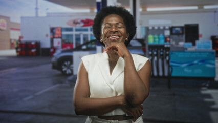 Woman smiling with hand to chin and crossed arm by gas pumps and parked car on street wearing white sleeveless vest  joyful confidence. © Krakenimages.com