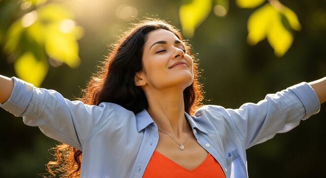 Happy young woman smiling with eyes closed in sunny autumn park at sunset.