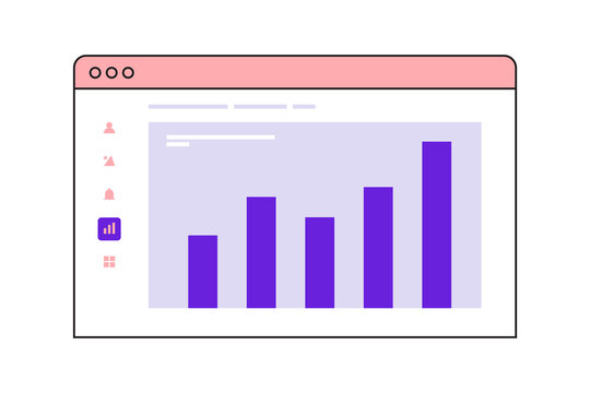 A web analytics dashboard with a bar chart and navigation icons, shown in a clean flat interface style. Suitable for statistics, business reports, data analysis and dashboard designs.