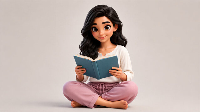 Cute Stylized 3D Indian women Reading an Open Book on the Floor