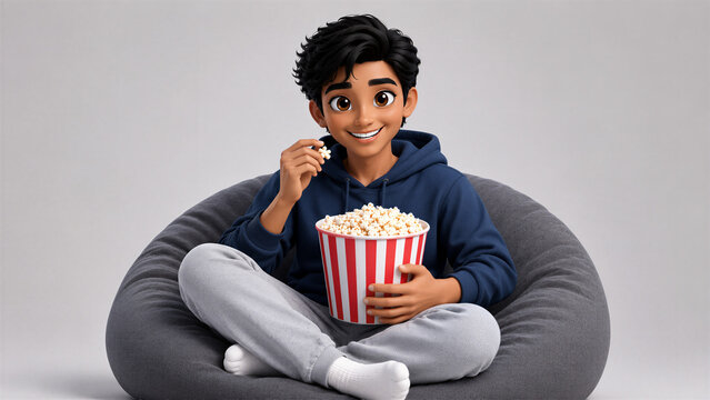 3D Indian Man Enjoying a Movie  with Popcorn