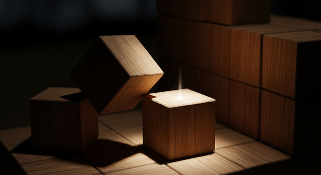 Stacked wooden cubes with light shadow effect