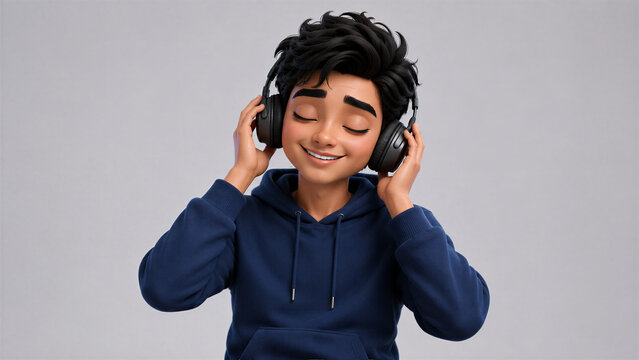 3D Indian Man Listening to Music with Headphones