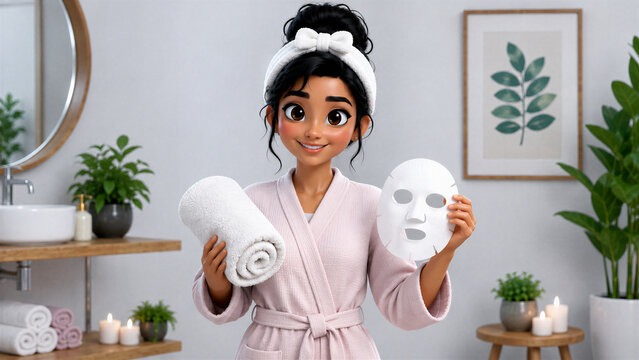 3D Indian Woman Holding Facial Sheet Mask and Towel at Home Spa