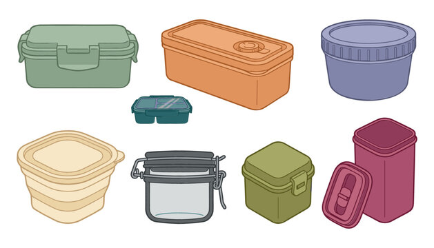  Food Container Vector Set Featuring Plastic Lunch Box Glass Jar Bento Case and Airtight Tupperware for Kitchen Storage Meal Prep and School Lunch Designs
