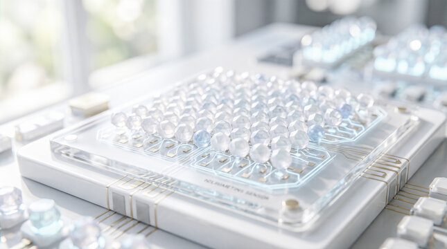 Macro closeup transparent crystal optical computing chip neuromorphic sensor board artificial intelligence hardware component sitting inside bright modern clean laboratory desk