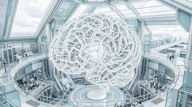 Huge glowing digital artificial intelligence brain suspended inside modern bright futuristic laboratory research center building architecture science technology engineering background