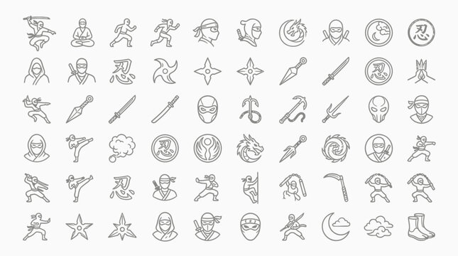 A comprehensive collection of detailed line art icons depicting various ninja figures, weapons, masks, and martial arts symbols, presented in a clean, minimalist style.