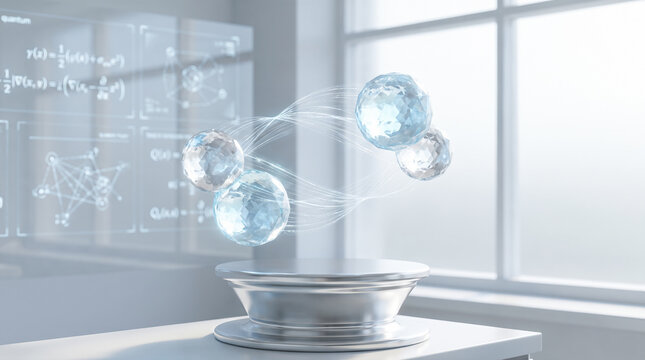 Quantum physics transparent floating spheres hovering above silver podium near large window covered with complex mathematical equations displaying futuristic educational laboratory setup