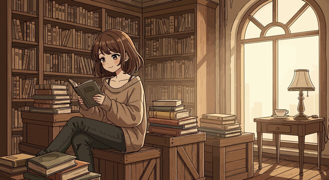 Young woman reading a book in a cozy library.