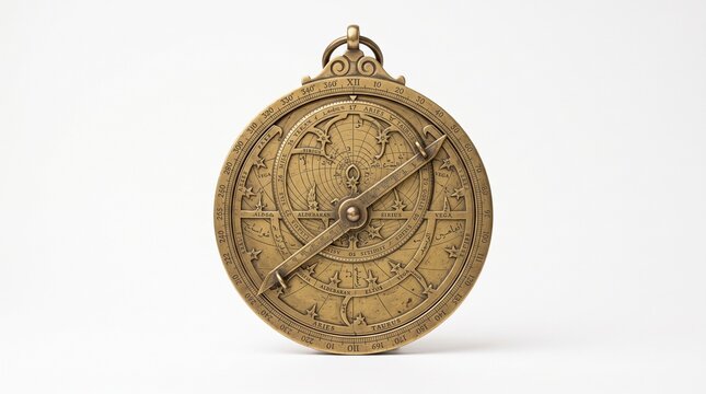 Antique brass astrolabe with engraved star markings, astronomy physics concept