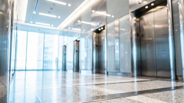 Empty modern commercial hallway featuring polished steel elevator doors reflecting bright lights across shiny stone flooring inside large corporate office building