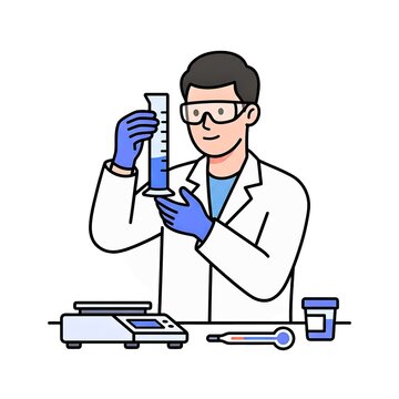 Scientist in lab coat holding a graduated cylinder for chemical experiment analysis.