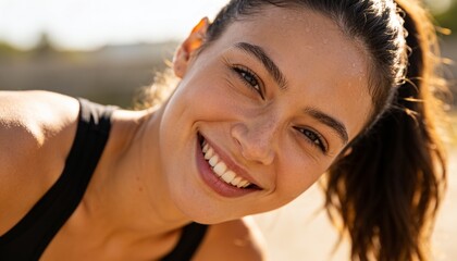 Fototapeta premium Smiling woman leaning forward on track, wearing black sports tank top and hair tie
