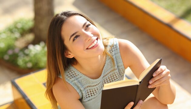 Reading woman holding black hardcover book on wooden bench in courtyard in light-blue crocheted top
