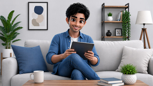 Indian Man Sitting on Sofa and Browsing Tablet in Modern Home