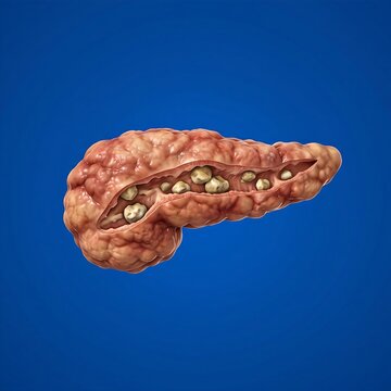  A realistic human pancreas showing intense inflammation and stony deposits within the duct, centered 