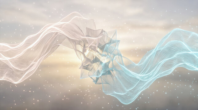 Abstract glowing digital wireframe fabric meshes colliding together blending warm golden light with cool blue tones across sparkling dusty cosmic background