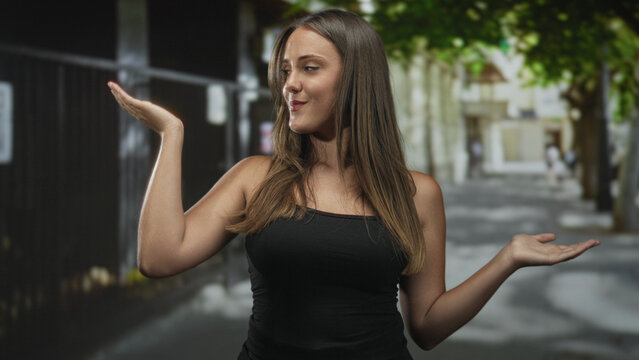 Woman showing open palms with hands raised in a balancing shrug pose on a sunny street, eyes closed and slight smile; playful curiosity.