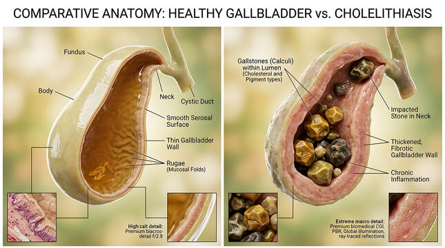 Healthy Gallbladder Versus Cholelithiasis Multiple Cholesterol and Pigment Stones