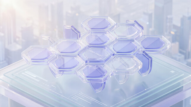 Transparent purple hexagonal zero trust security shields connecting together hovering above digital glass platform against blurred metropolitan city skyline background environment