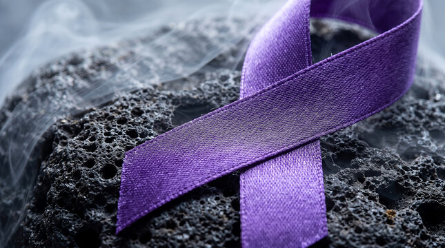 International overdose awarness day purple ribbon on dark lava rock symbolizing hope support and solidarity for families affected by drug overdose campaigns