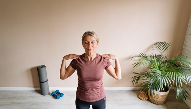 Holding shoulders, maroon-top woman in black leggings stretching at home with mat and blue weights