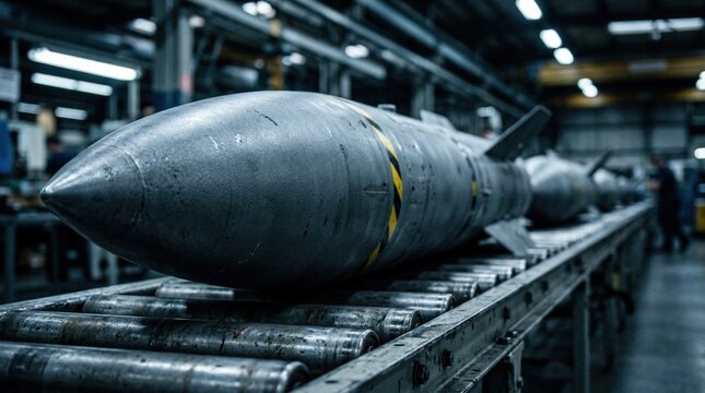 Military missiles lined up on a production line inside an industrial facility, showcasing a detailed view of the missile design and manufacturing environment