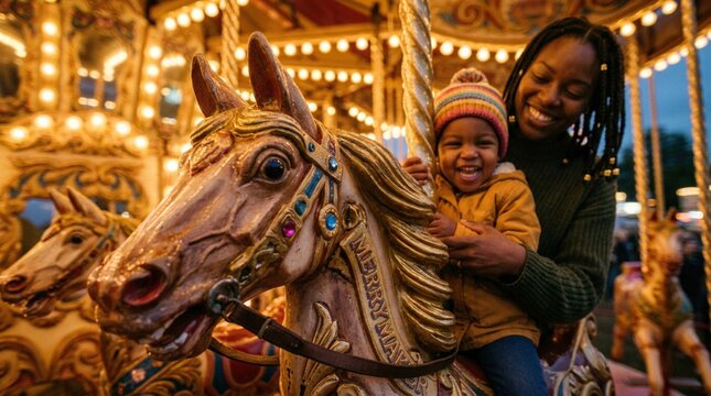 African American woman and child smiling while riding a decorative carousel horse at an amusement park with bright lights and colorful background
