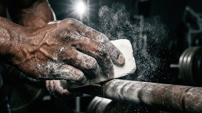 Close-up of muscular hand applying chalk to a weightlifting barbell in a gym, with blurred weights and equipment visible in the background