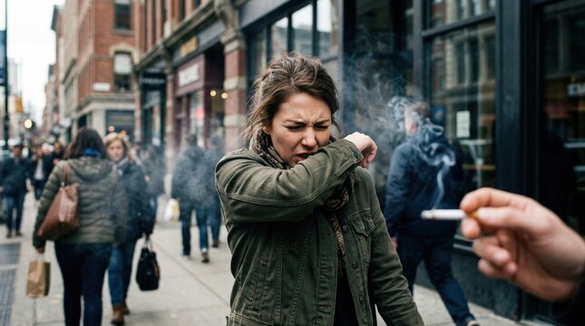 Young woman in green jacket coughs while walking on a busy city street, with pedestrians and smoke from a cigarette visible in the background