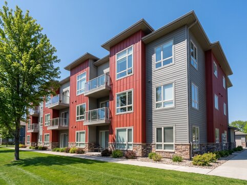 Modern multi-family apartment building exterior with balconies and red accents