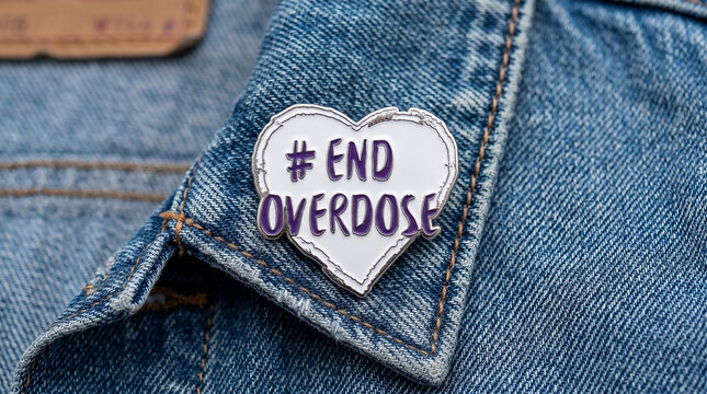 Heart shaped pin badge with End Overdose sign on blue denim jacket collar for International Overdose Awarness Day campaign and substance abuse prevention