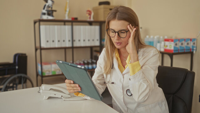 Woman doctor in white coat reads tablet, touches face and adjusts glasses while seated at desk with stethoscope and medical supplies in building; quiet concentration.