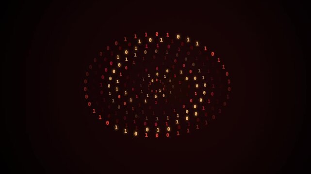 Binary code digits forming glowing swirling circular vortex pattern on dark background