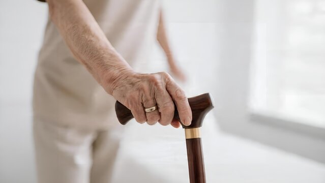 Elderly person holding a wooden walking cane for support.