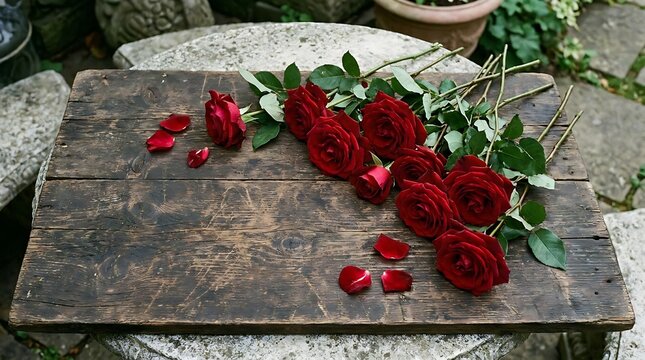 Deep red roses with falling petals arranged on a rustic wooden table outdoors.