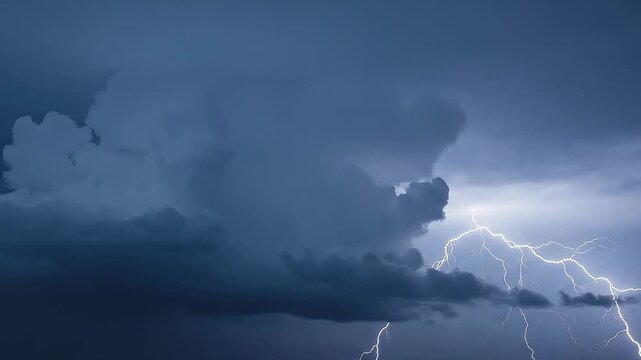 Branching lightning bolts illuminate massive blue storm clouds