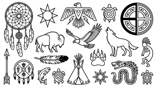 Collection of Native American tribal symbols and icons including animals, spiritual objects, and cultural elements.